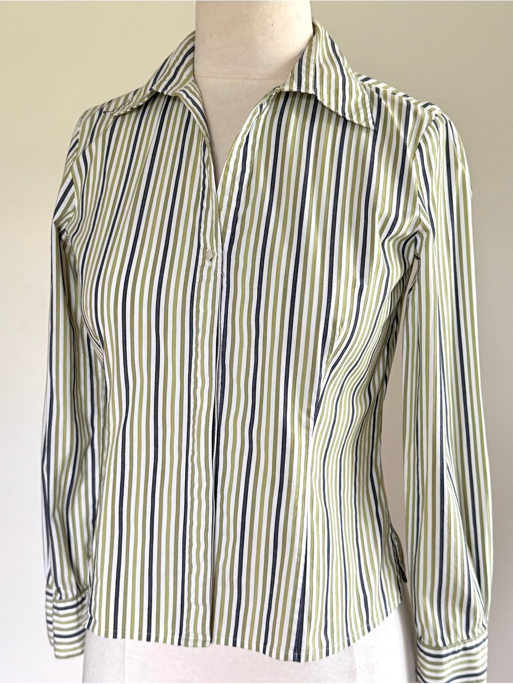 Judith Hart Size 8P Olive Navy White Striped Tailored Long Sleeve Petite Top